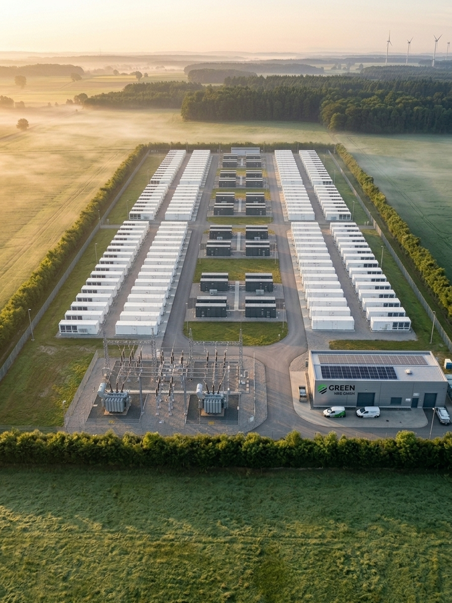 Großspeicher-Park aus der Vogelperspektive — Container-Array mit Umspannwerk